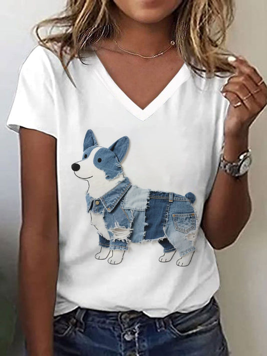 Camiseta encantadora del arte del remiendo del patrón del corgi de las mujeres
