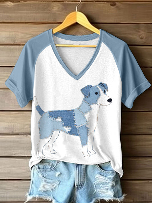 Jack Russell Terrier Pattern Patchwork Art camiseta con cuello en V para mujer