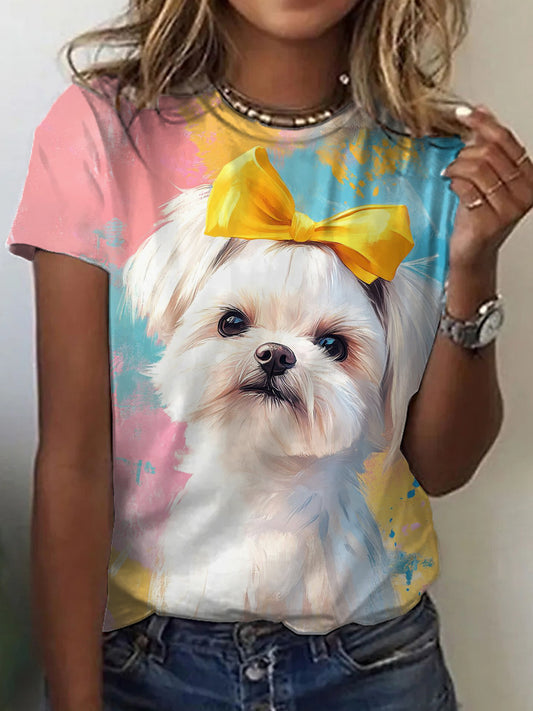 Camiseta de la impresión del perro del arte de la pintura al óleo de las mujeres