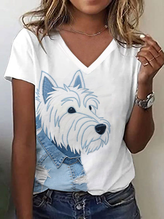 Camiseta con cuello en V West Highland White Terrier Patchwork Art para mujer