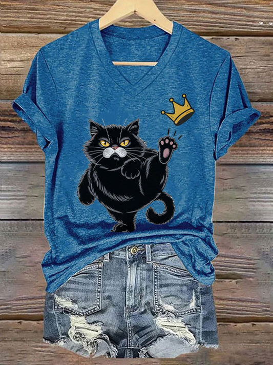 NOPE No Kings In America Black Cat Camiseta estampada con cuello en V para mujer