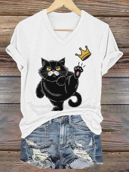 NOPE No Kings In America Black Cat Camiseta estampada con cuello en V para mujer
