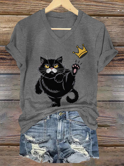 NOPE No Kings In America Black Cat Camiseta estampada con cuello en V para mujer