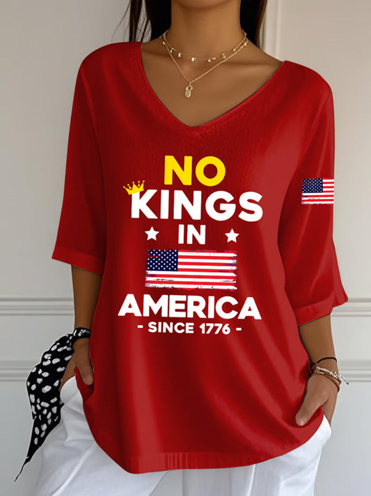 Camiseta de media manga No Kings In America Since 1776 para mujer