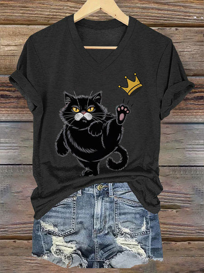 NOPE No Kings In America Black Cat Camiseta estampada con cuello en V para mujer