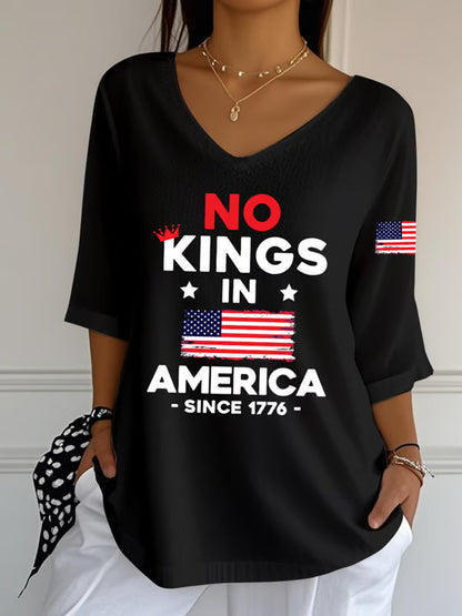 Camiseta de media manga No Kings In America Since 1776 para mujer