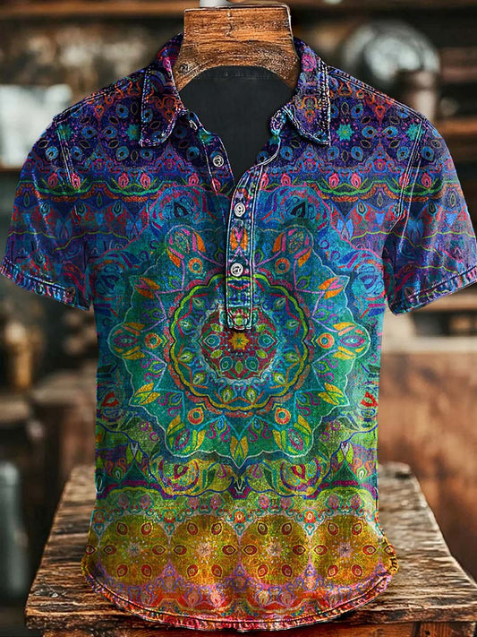 Polo casual de manga corta con estampado de mandala de gradiente de color