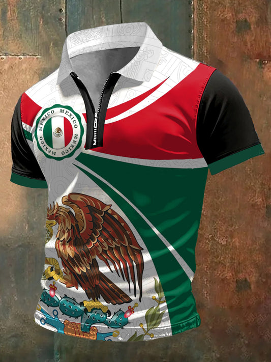 México Imprimir Zip-Up Polo cuello de manga corta camiseta de los hombres