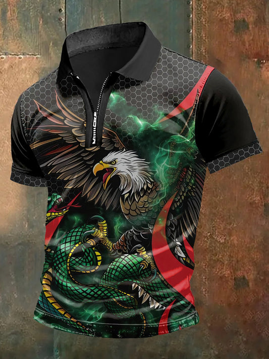Camiseta de manga corta México Eagle Print Zip-Up Polo Neck para hombre