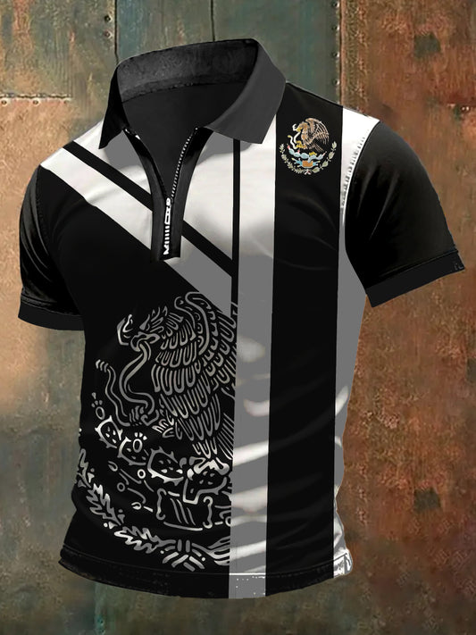 Camiseta de manga corta México Eagle Print Zip-Up Polo Neck para hombre