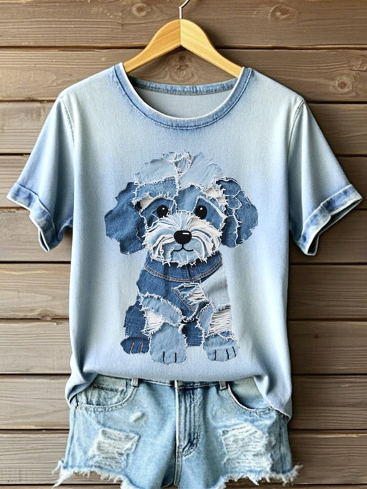 Fluffy Puppy Pattern Patchwork Art Camiseta de mujer