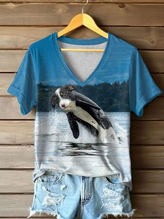 Camiseta casual con estampado de perro divertido para mujer