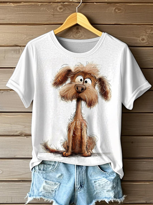 Funny Crazy Hair Cartoon Dog Print Casual Tee de mujer
