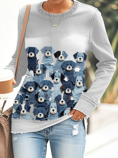 Sudadera denim de mujer con estampado de perro