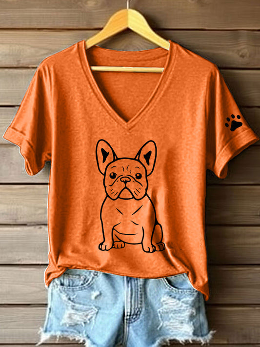 Camiseta con cuello en V y estampado Bulldog Francés Line Art para mujer