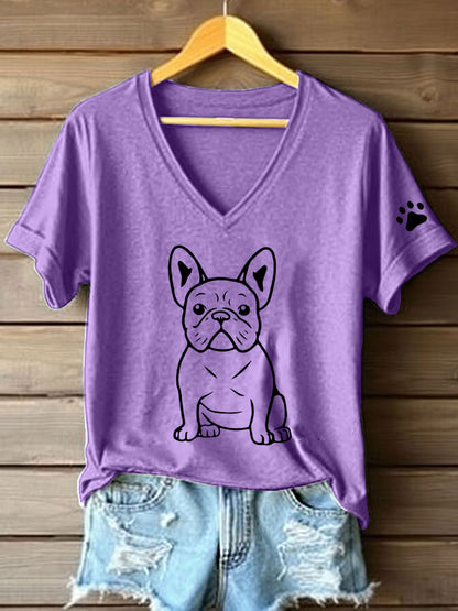 Camiseta con cuello en V y estampado Bulldog Francés Line Art para mujer
