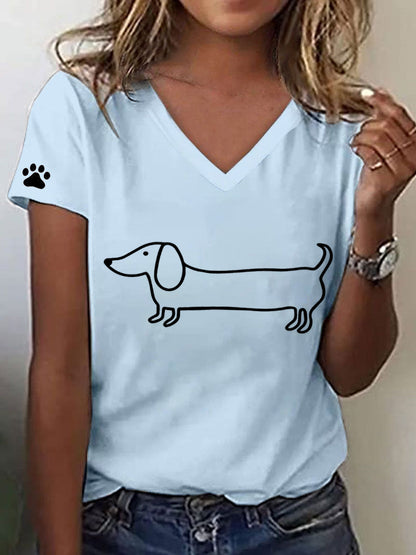 Camiseta con cuello en V y estampado de Dachshund para mujer