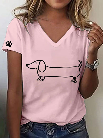 Camiseta con cuello en V y estampado de Dachshund para mujer