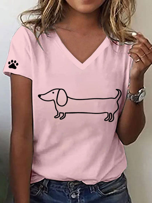 Camiseta con cuello en V y estampado de Dachshund para mujer