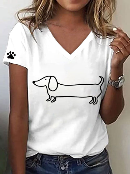 Camiseta con cuello en V y estampado de Dachshund para mujer