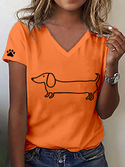 Camiseta con cuello en V y estampado de Dachshund para mujer