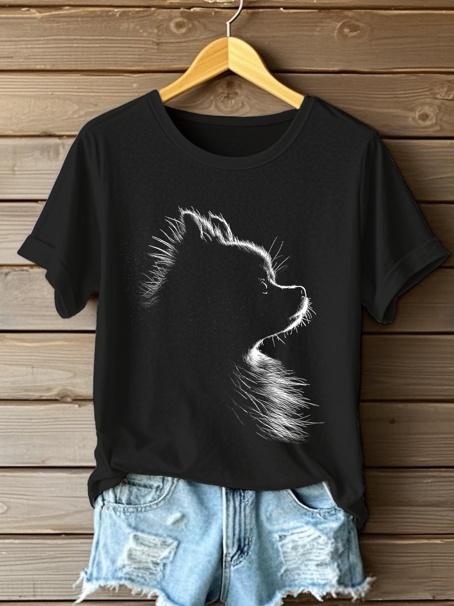Camiseta casual con estampado Pomeranian para mujer