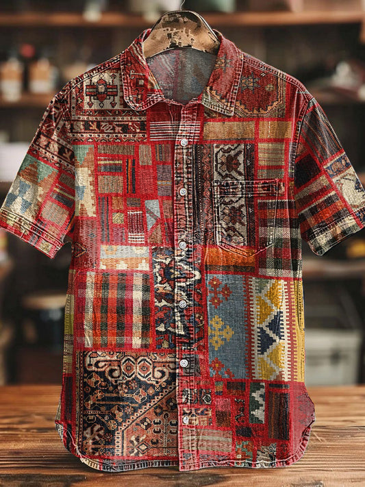 Camisa de algodón con estampado de patchwork azteca occidental retro para hombre