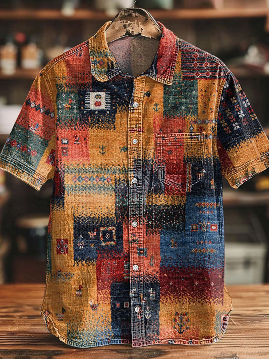 Camisa de algodón con estampado de patchwork azteca occidental retro para hombre