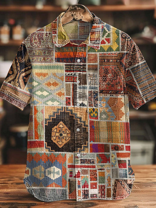 Camisa de algodón con estampado de patchwork azteca occidental retro para hombre
