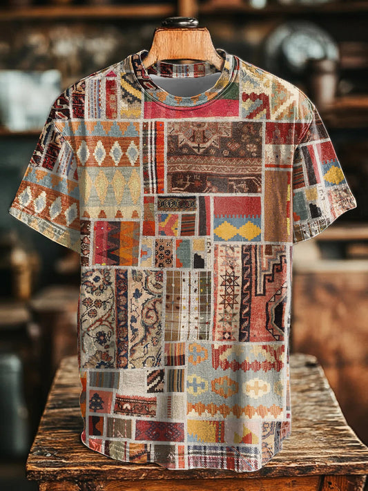 Camiseta con estampado retro de patchwork occidental azteca para hombre