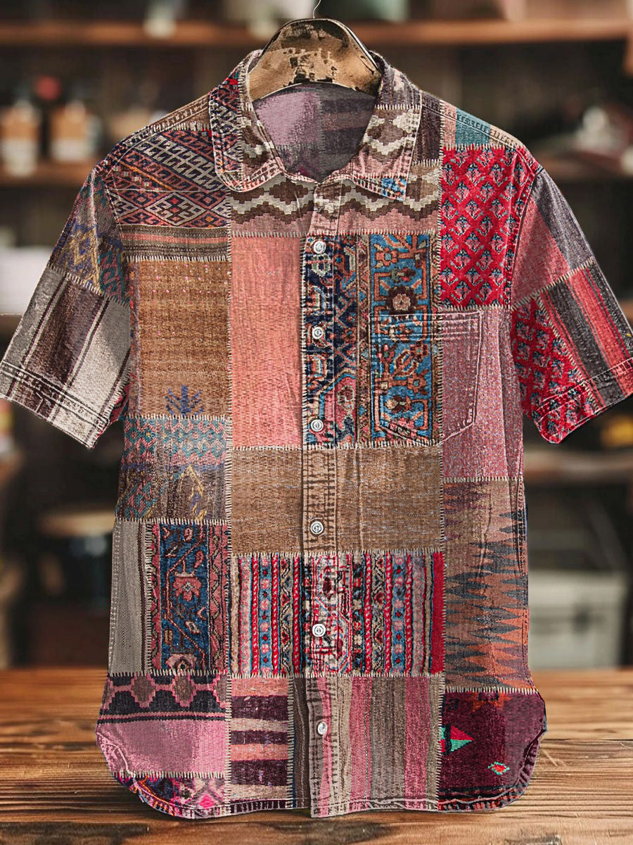 Camisa de algodón con estampado de patchwork azteca occidental retro para hombre