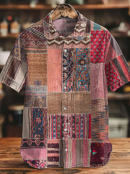 Camisa de algodón con estampado de patchwork azteca occidental retro para hombre