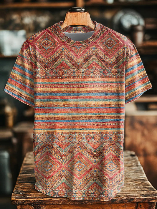 Camiseta con estampado retro de patchwork occidental azteca para hombre