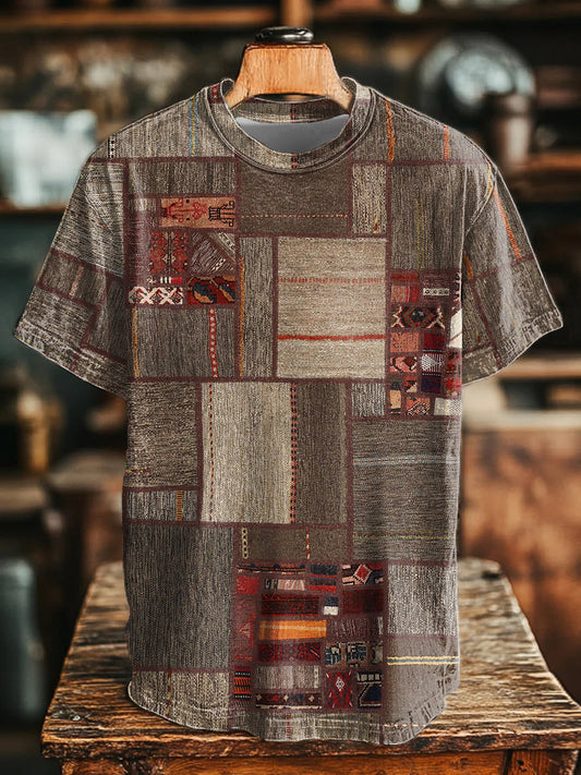 Camiseta con estampado retro de patchwork occidental azteca para hombre