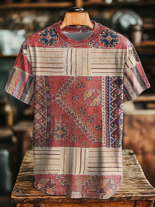 Camiseta con estampado retro de patchwork occidental azteca para hombre
