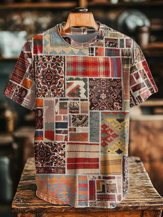 Camiseta con estampado retro de patchwork occidental azteca para hombre