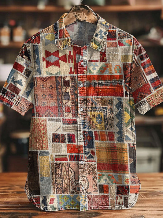 Camisa de algodón con estampado de patchwork azteca occidental retro para hombre