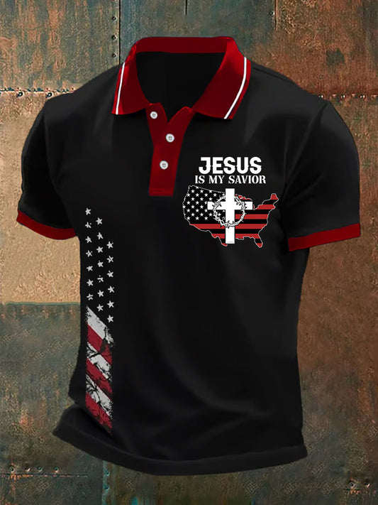 Jesus Is My Savier American Flag Cross Faith Polo casual para hombre
