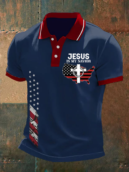 Jesus Is My Savier American Flag Cross Faith Polo casual para hombre