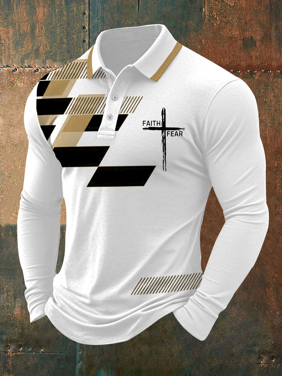 Hombre Fe Sobre Miedo Cruz Fe Estampado Geométrico Casual Manga Larga Polo