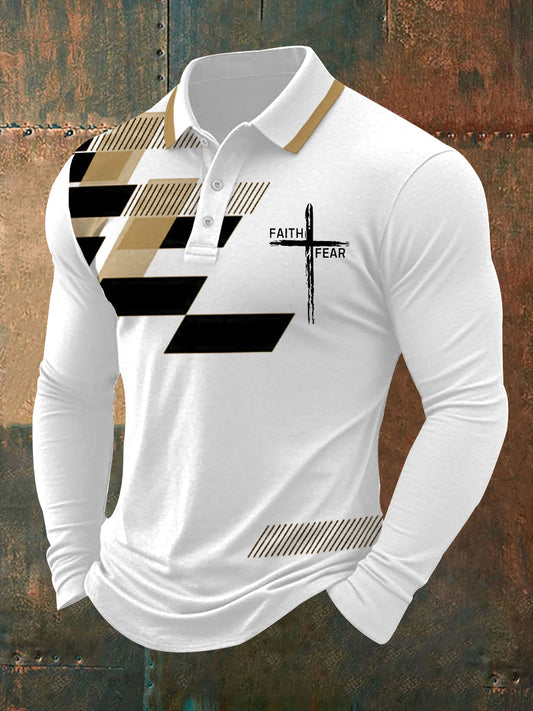 Hombre Fe Sobre Miedo Cruz Fe Estampado Geométrico Casual Manga Larga Polo