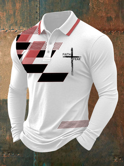 Hombre Fe Sobre Miedo Cruz Fe Estampado Geométrico Casual Manga Larga Polo