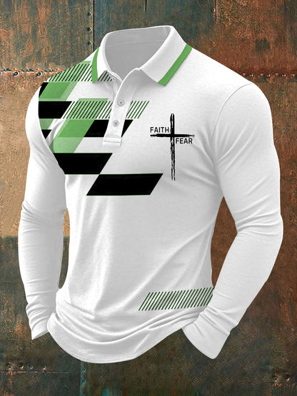 Hombre Fe Sobre Miedo Cruz Fe Estampado Geométrico Casual Manga Larga Polo
