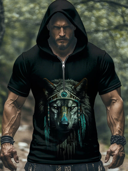 Camiseta de manga corta con capucha de lobo nativo americano para hombre