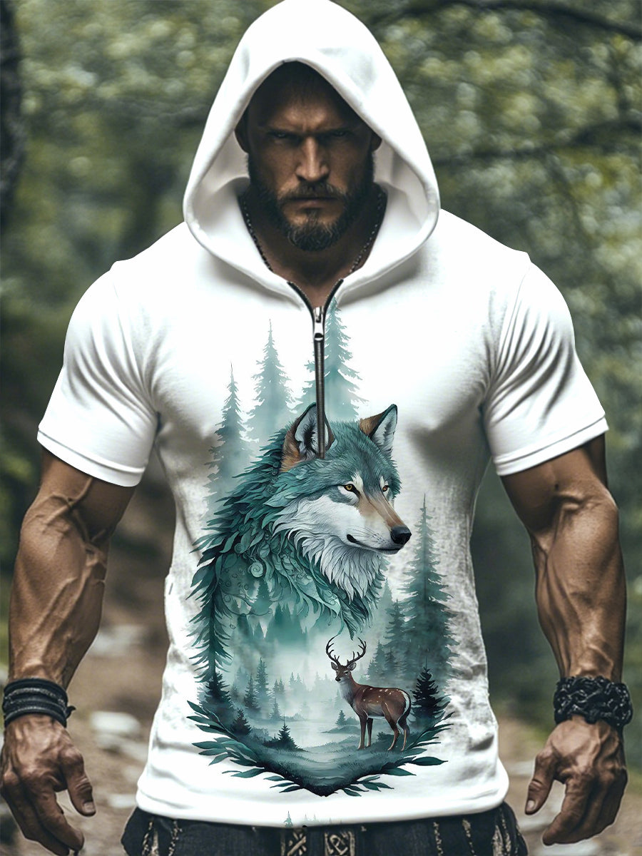 Camiseta con capucha Native American Wolf SS para hombre