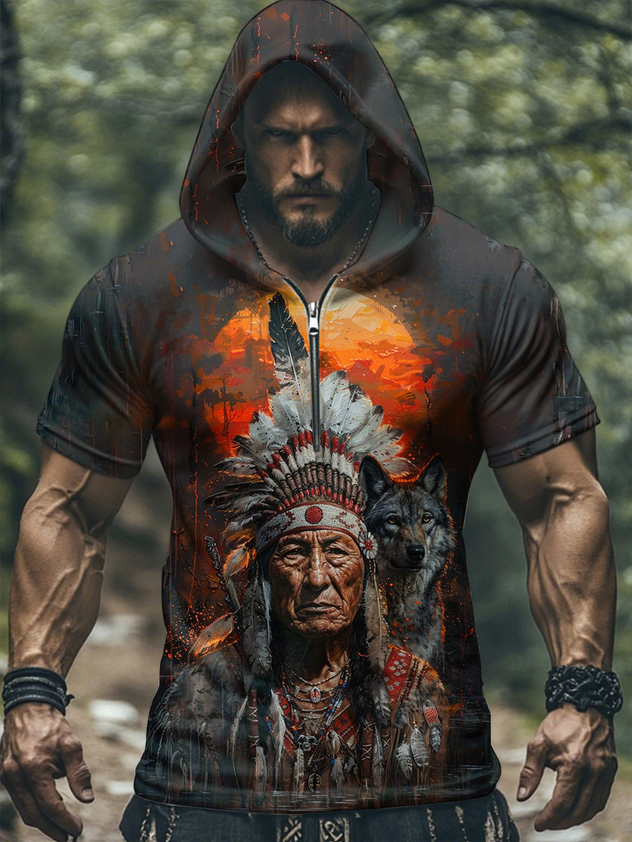 Camiseta de manga corta con capucha de lobo nativo americano para hombre