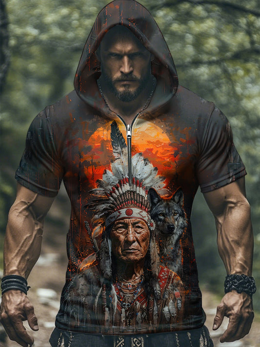 Camiseta de manga corta con capucha de lobo nativo americano para hombre