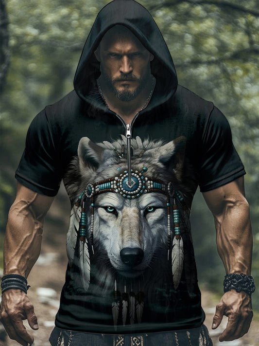 Camiseta de manga corta con capucha de lobo nativo americano para hombre