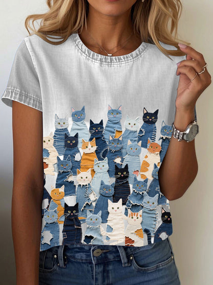 Camiseta denim de mujer con estampado de gato