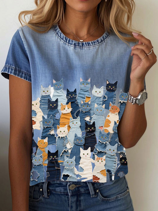 Camiseta denim de mujer con estampado de gato